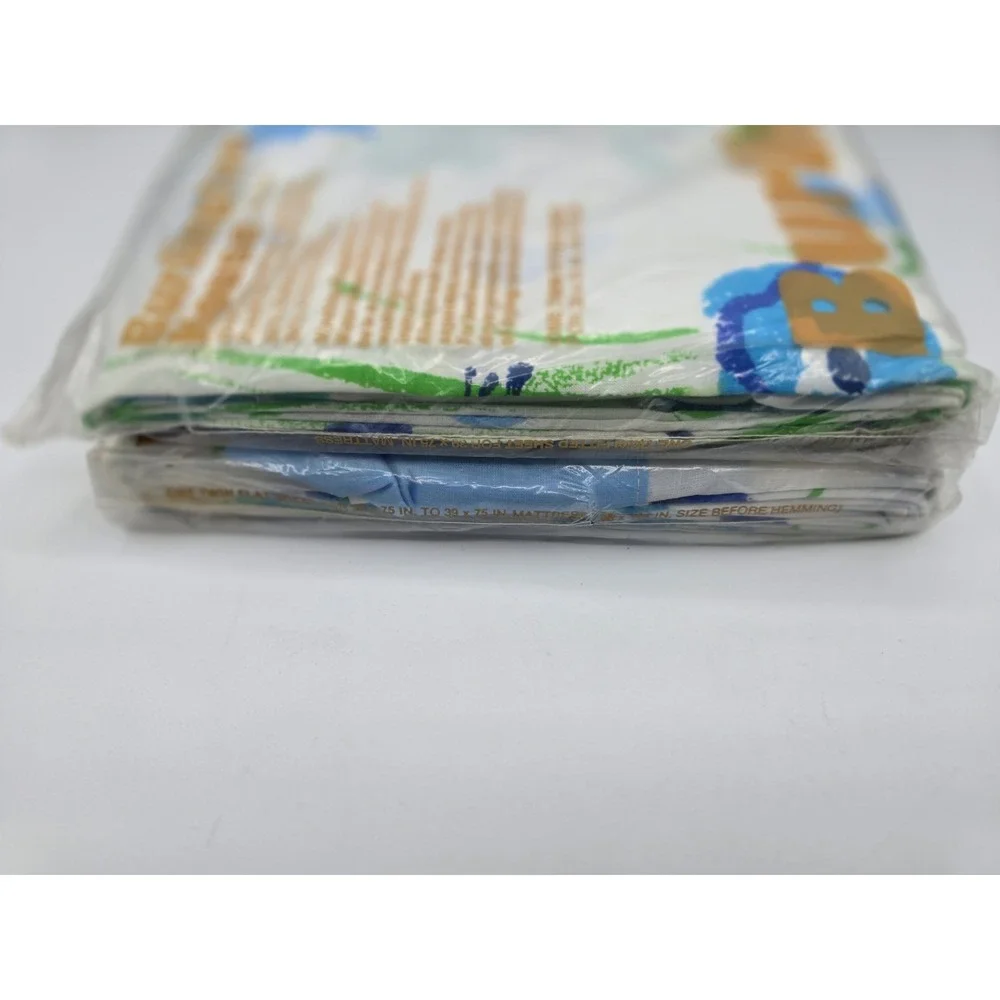 2 Set Vtg NIP Burlington Floral Twin Flat Sheet & Fitted - Blue & Green 1970s‎